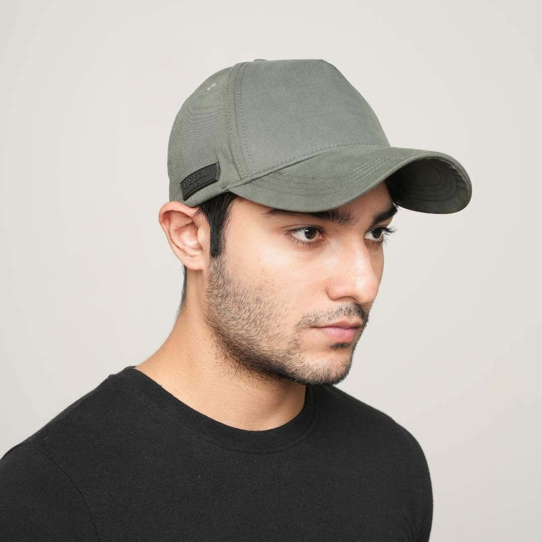 Olive green baseball cap with curved brim and front logo patch
