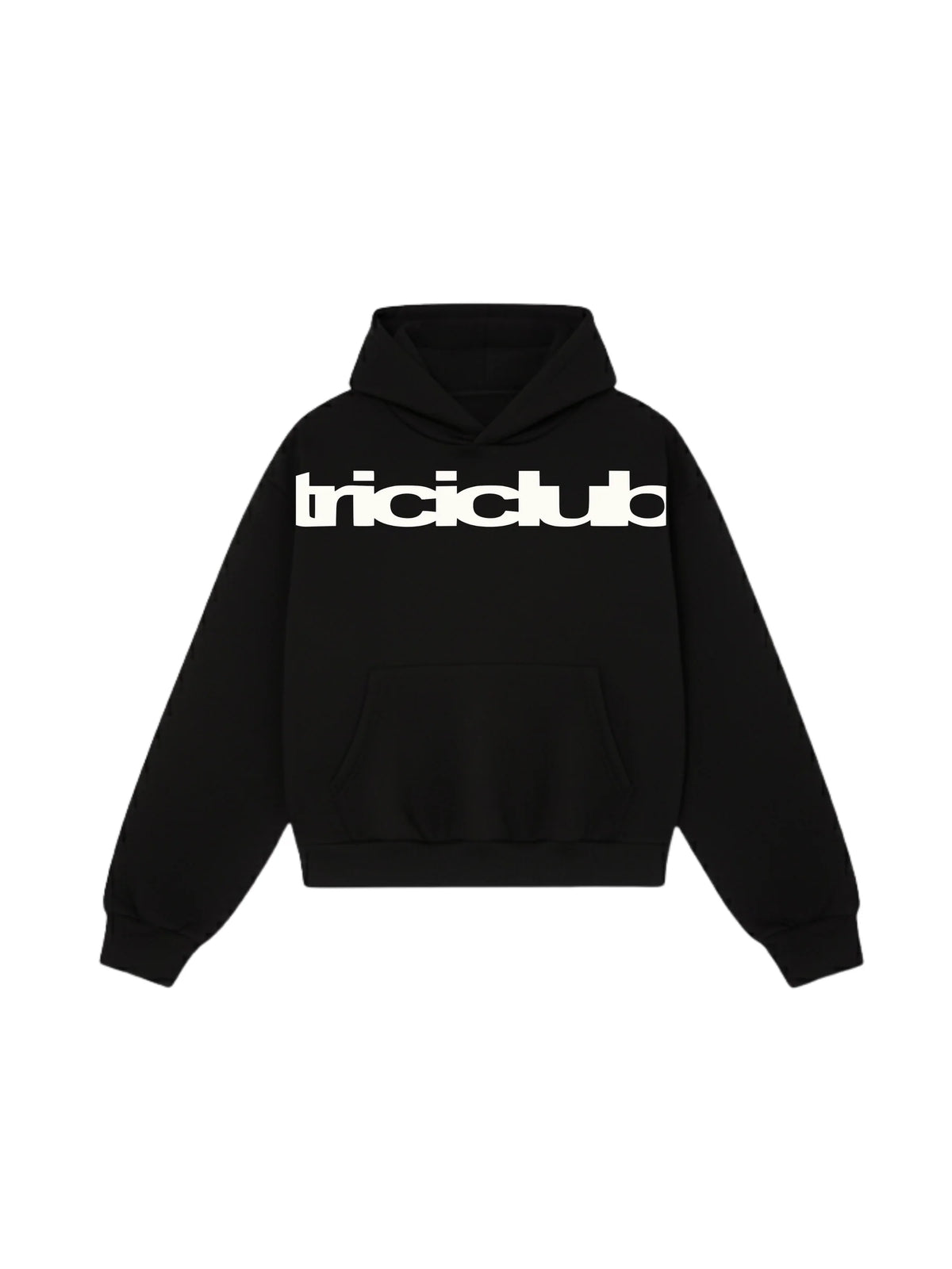 Black hoodie with hood, kangaroo pocket, and white chest logo print.