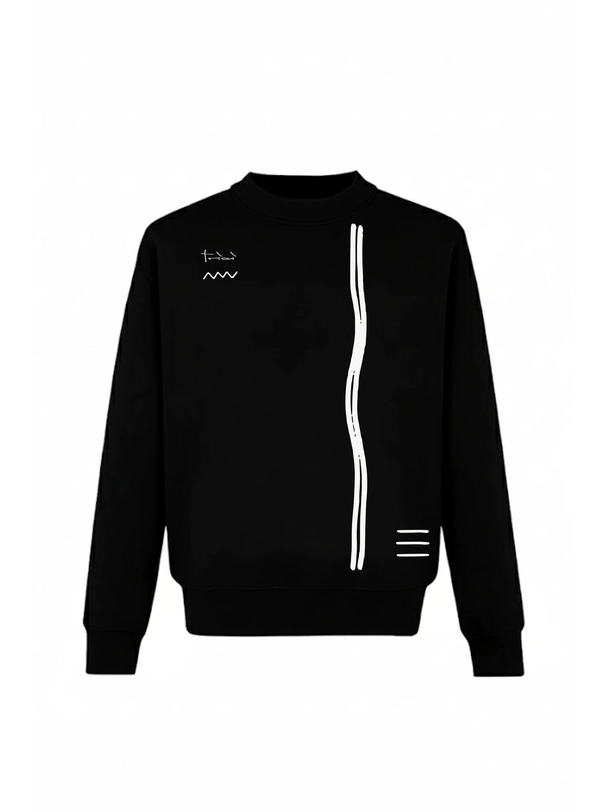 Black crewneck sweatshirt with vertical white zipper panel and small chest logo