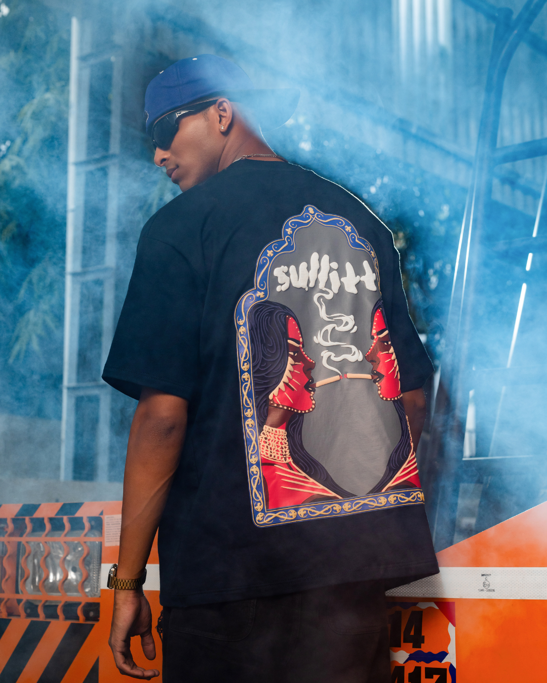 Dark navy T-shirt with smoke-style back portrait graphic and red detailing