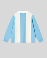 Striped polo knit shirt, long sleeves, light blue and white vertical stripes, back view