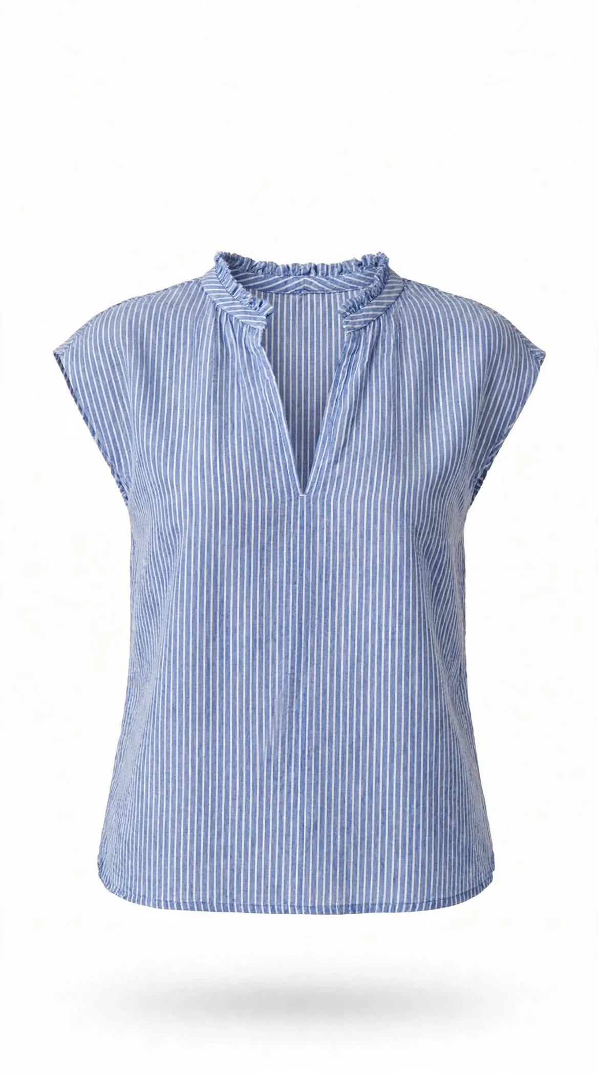 Light blue striped sleeveless V-neck top with gathered ruffle collar
