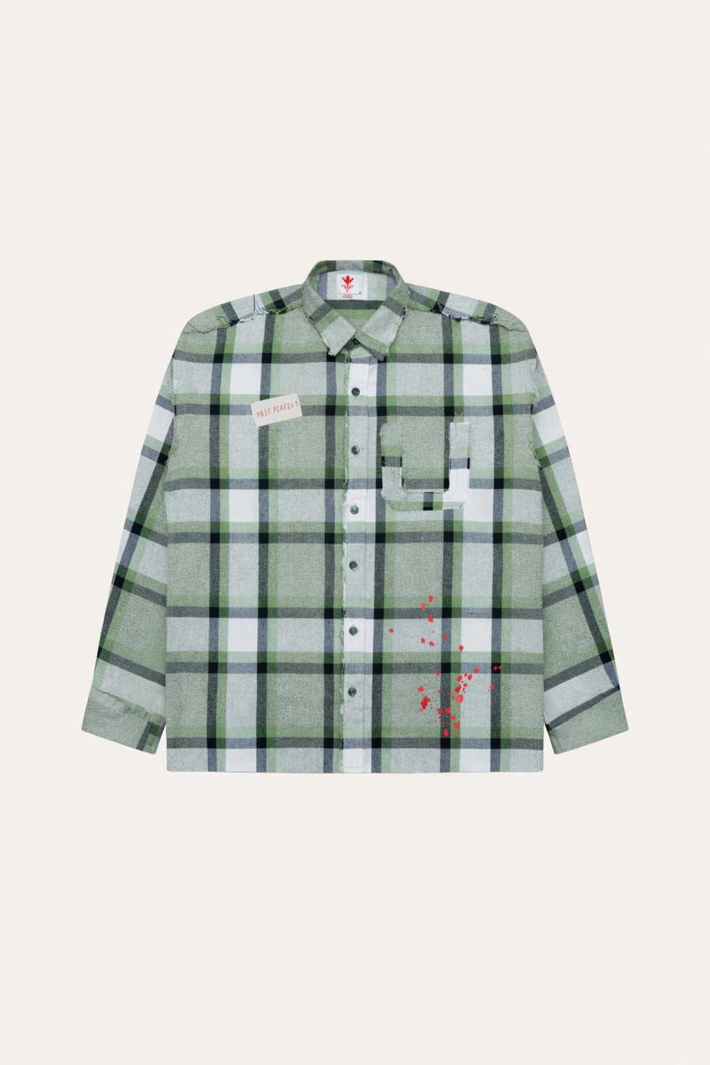 Green plaid flannel shirt front with button collar, red splatter, and black patch pocket