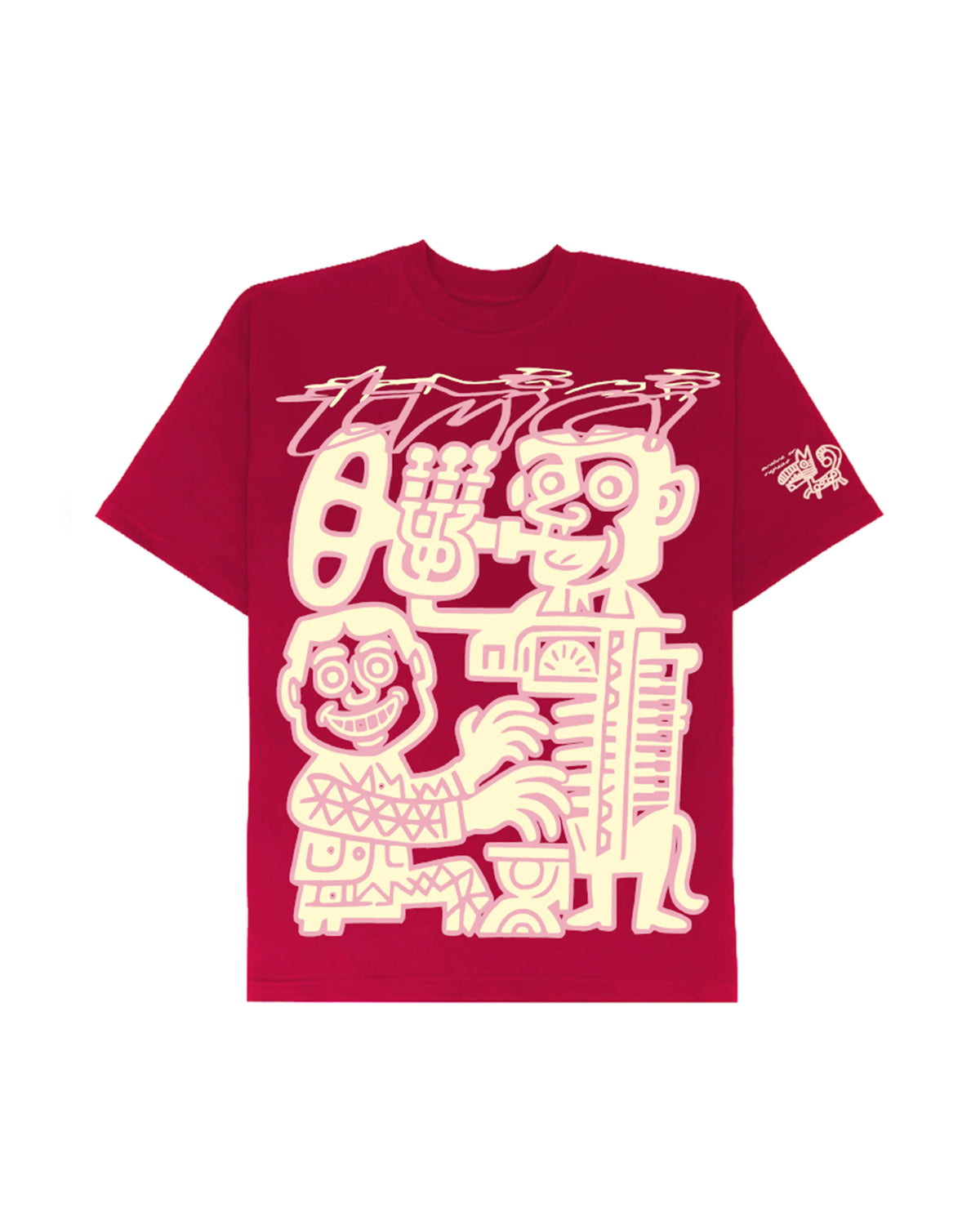 Burgundy short-sleeve T-shirt with large white cartoon graphic on front