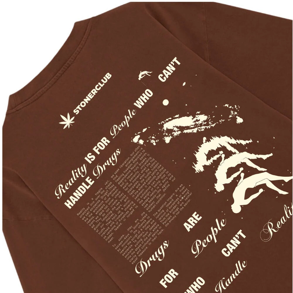 Brown short-sleeve T-shirt with angled back graphic and quote typography