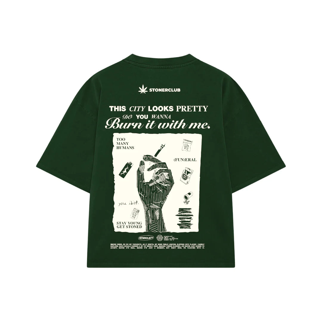 Dark green Destruction T-shirt with large back graphic and text "Burn it with me".