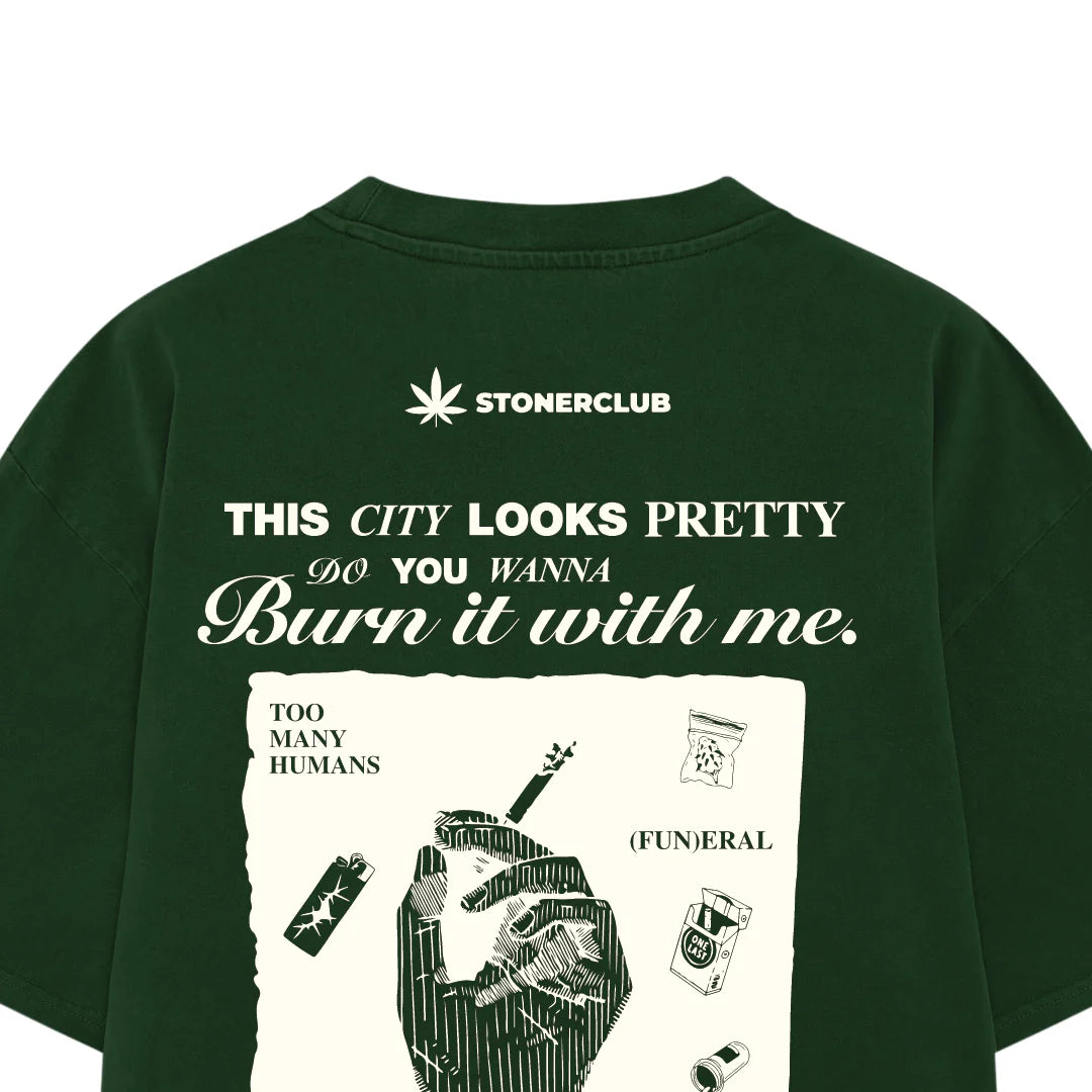 Dark green Destruction T-shirt close-up of back graphic with "Burn it with me" slogan.