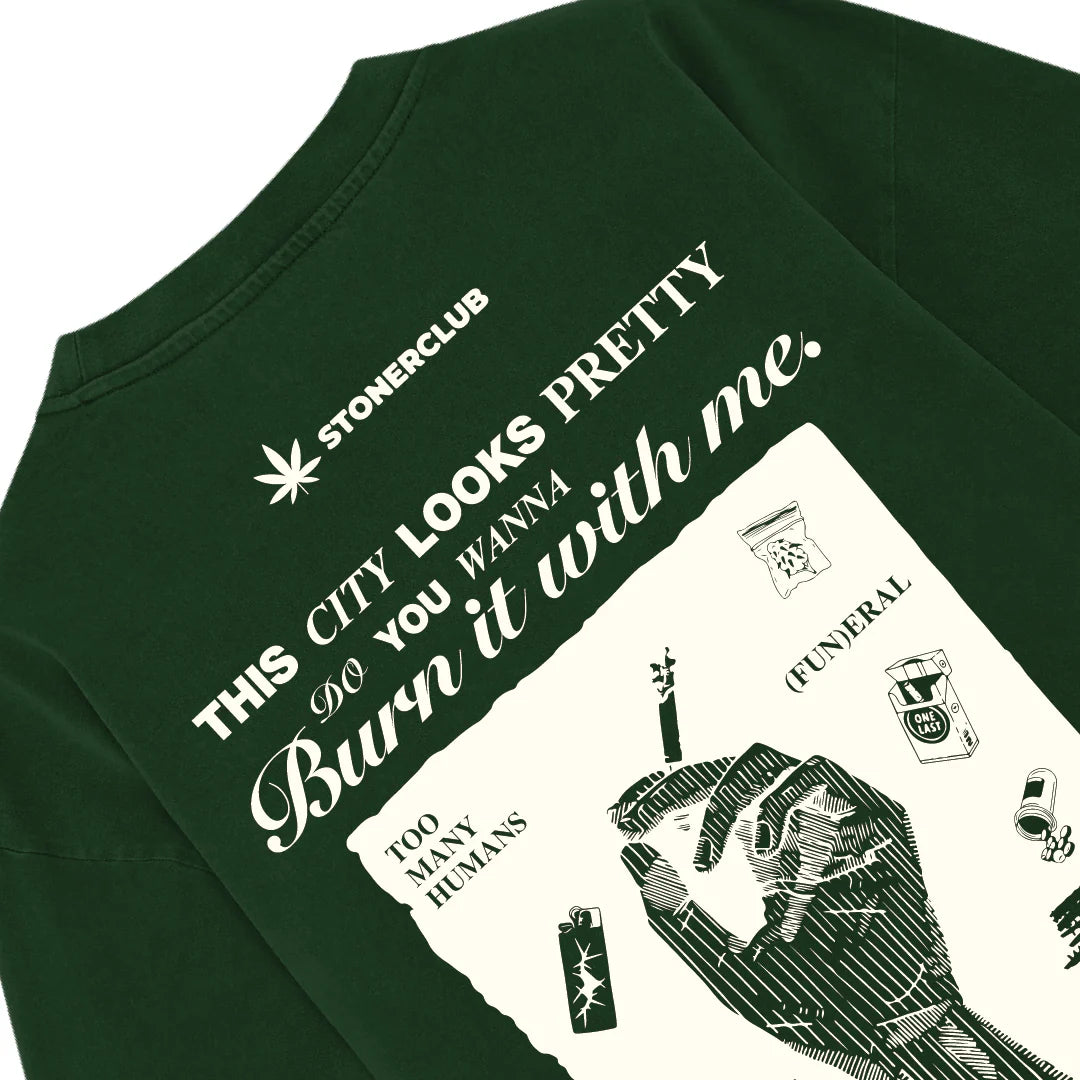 Dark green Destruction T-shirt back close-up with graphic illustration and slogan.