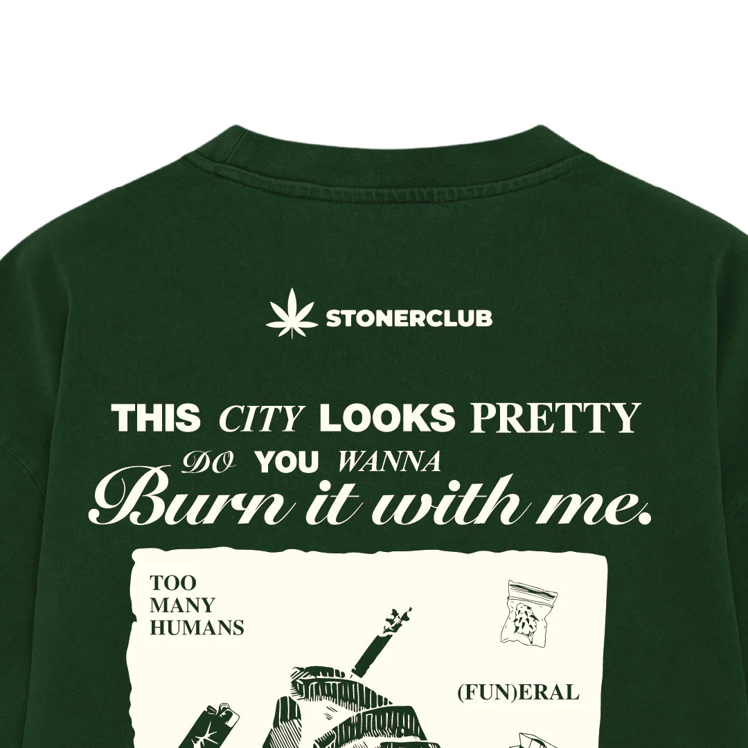 Dark green Destruction T-shirt with large front graphic text and illustration.