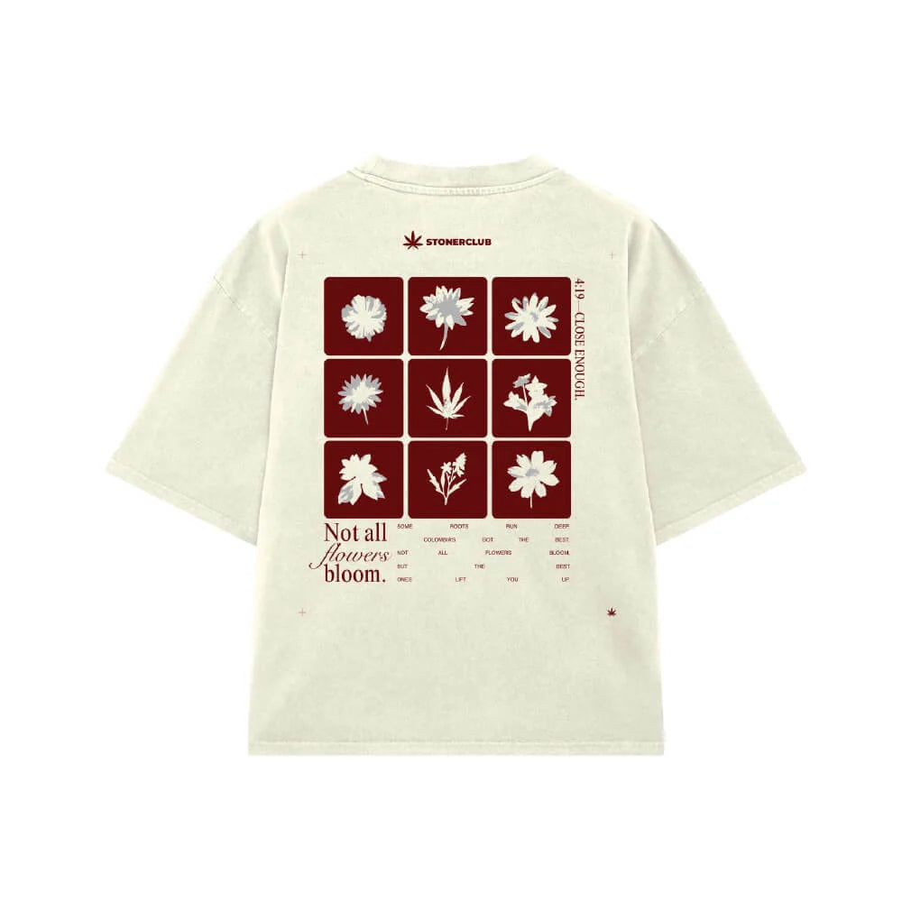 Off-white T-shirt with back floral grid print and 'Not all flowers bloom.'