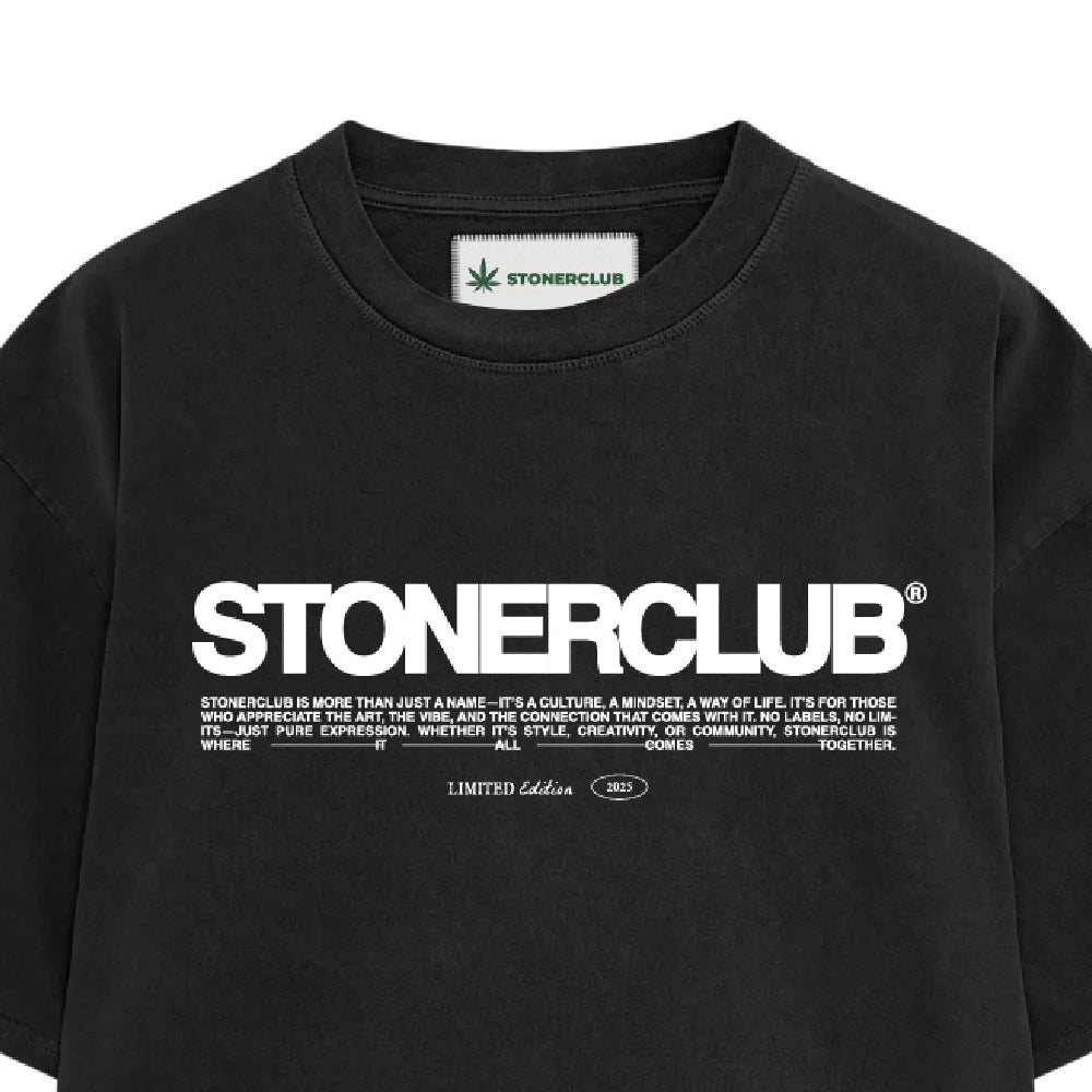 Black STONERCLUB T-shirt with large front logo and tagline text
