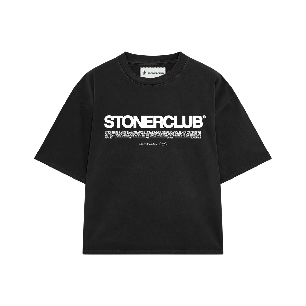 Black STONERCLUB T-shirt with front logo and small text graphic