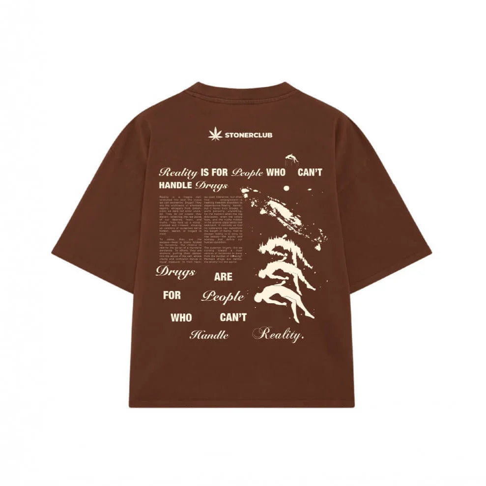 Brown short-sleeve T-shirt with back quote graphic and profile face print