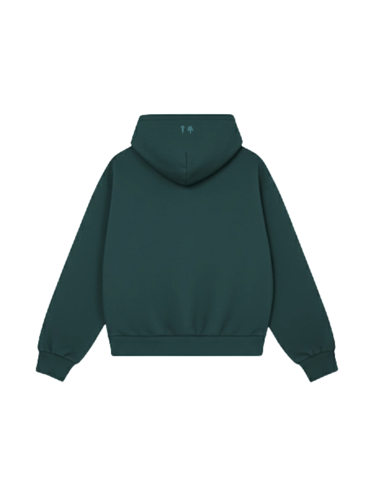 Green pullover hoodie with drawstring hood, back view
