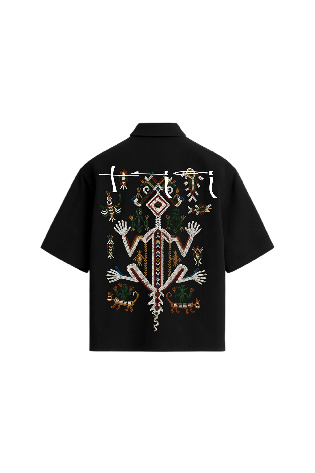 Black boxy fit button-up shirt with large colorful back embroidery and patterns