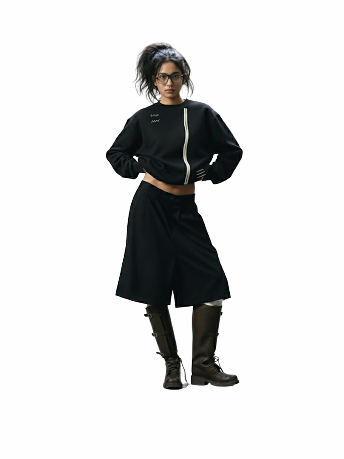 Black sweatshirt with vertical white zipper and small chest logo, relaxed fit