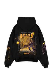 Black oversized hoodie with large front artwork and hooded neckline