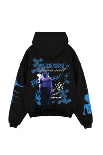 FEIN oversized black hoodie with blue graphic on front, hood and pouch pocket