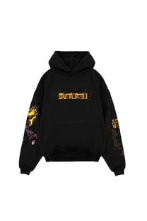 Black oversized hoodie with centered back graphic and ribbed cuffs