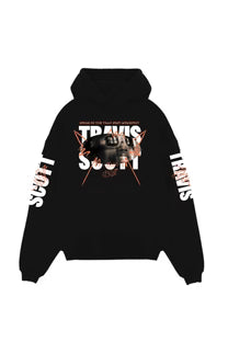Black oversized hoodie with large TRAVIS front logo and sleeve Travis text