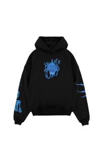 FEIN oversized black hoodie with blue monster graphic, pullover hood and long sleeves