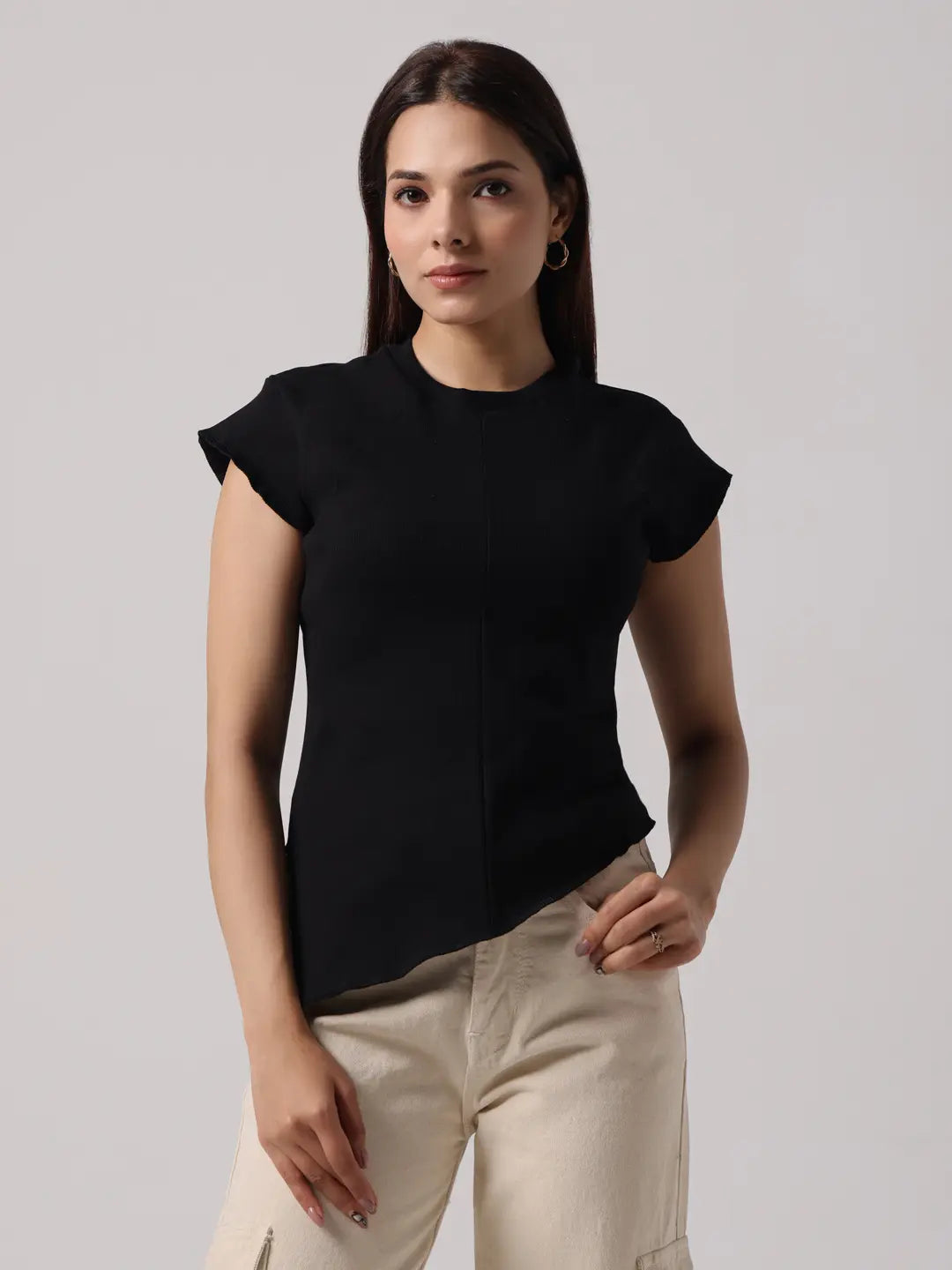 Black cap-sleeve top with high round neckline and front exposed stitching