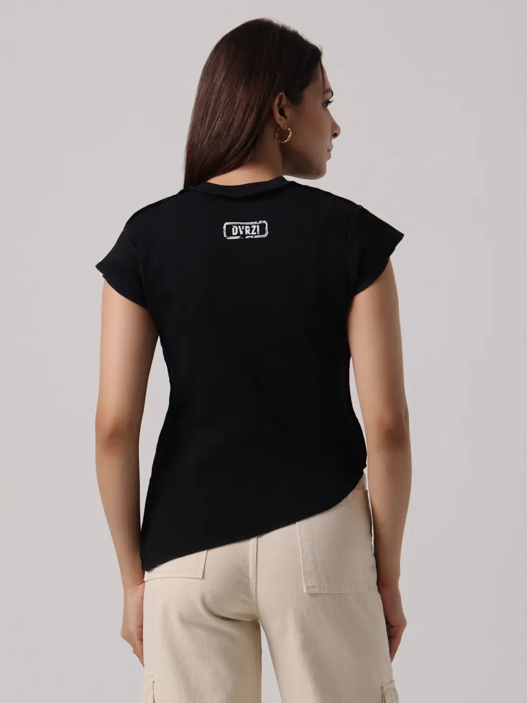 Black top with back logo patch, cap sleeves, and exposed center stitching