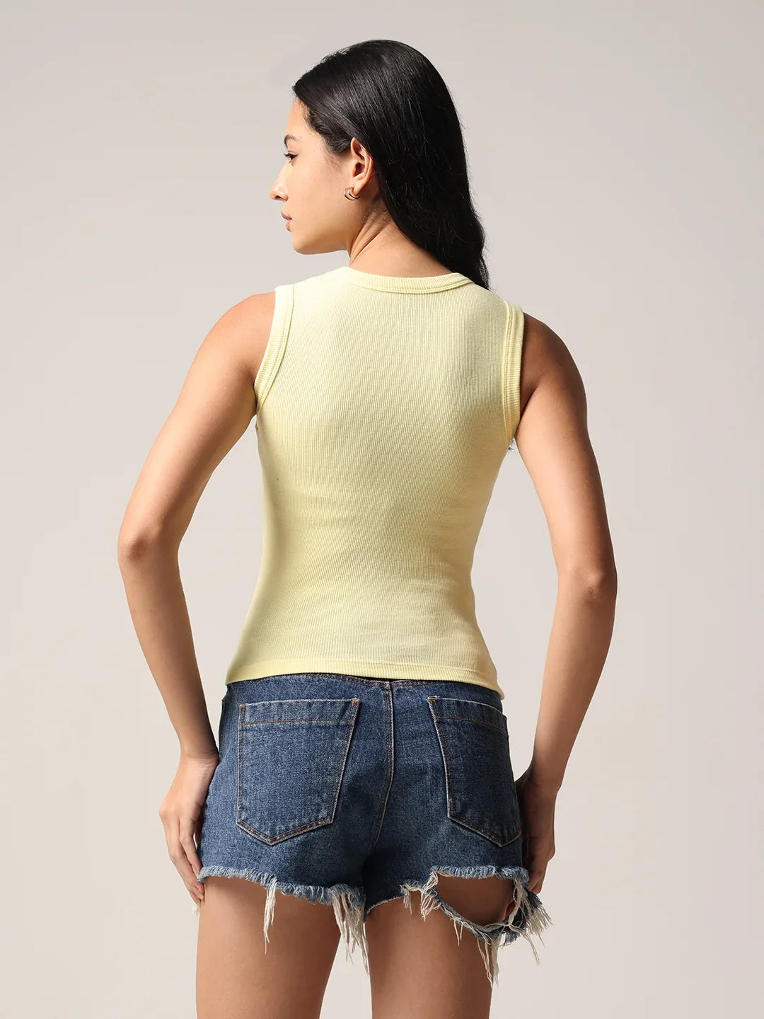 Butter yellow sleeveless tank top, crew neck, plain back view