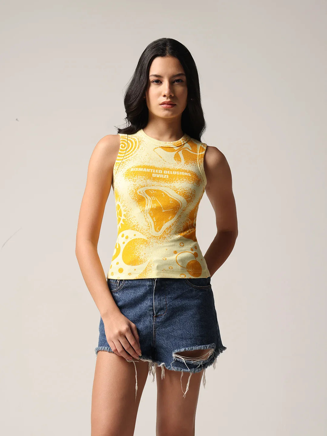 Butter yellow graphic sleeveless tank top with crew neck and front artwork