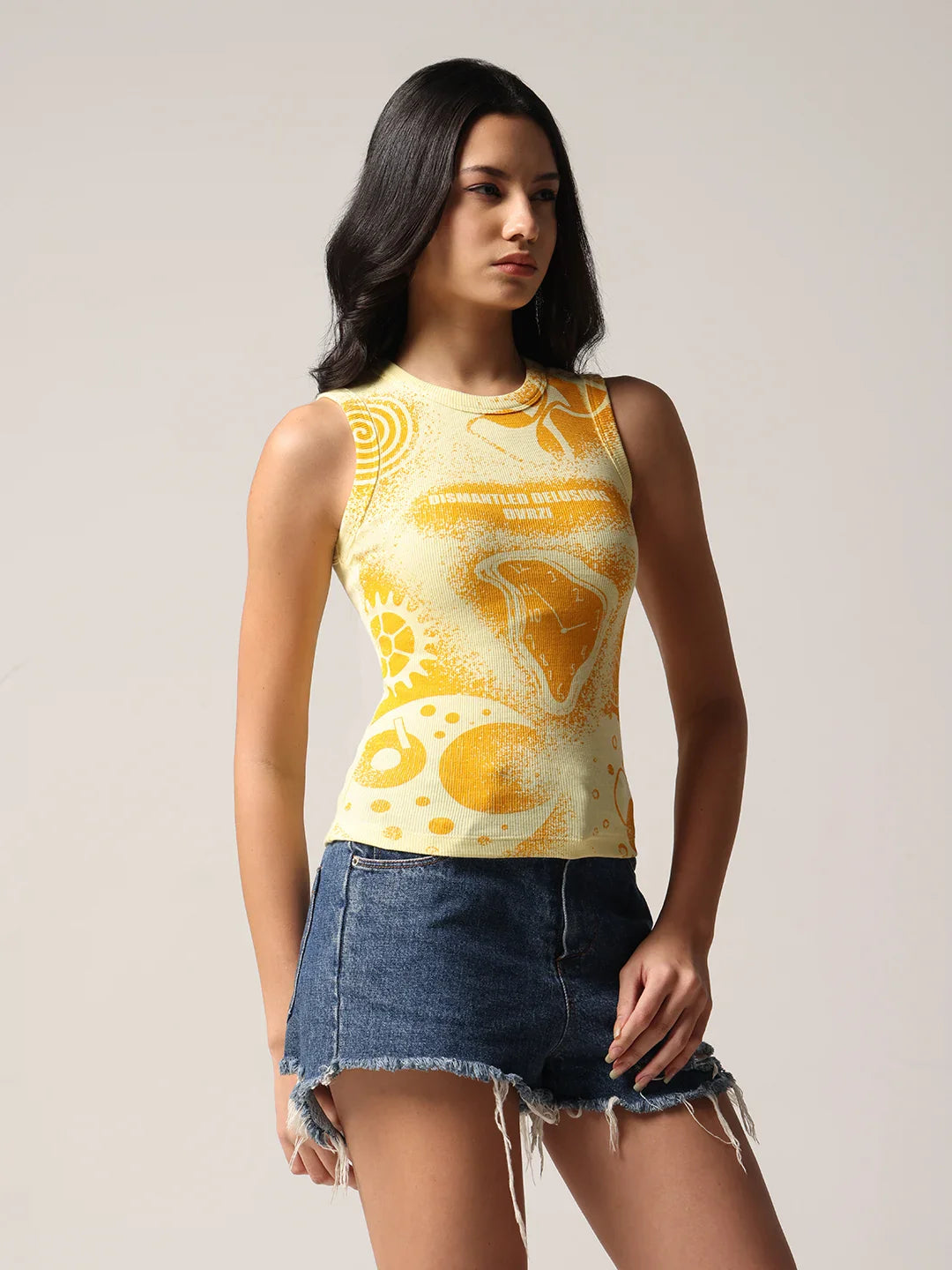 Butter yellow graphic tank top with sleeveless crew neck and abstract print