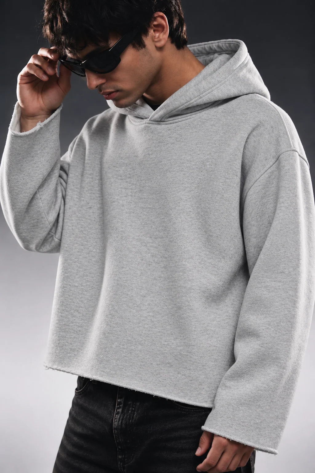 Heather gray cropped hoodie with hood and dropped shoulder seams