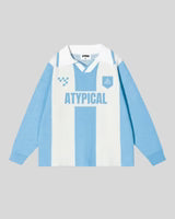 Striped polo knit shirt with collar, light blue and white vertical stripes, front with 'TYPICAL'