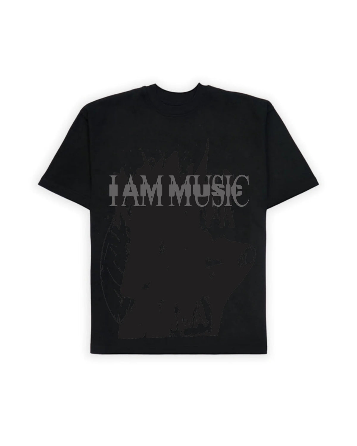 Black graphic T-shirt with centered “I AM MUSIC” print