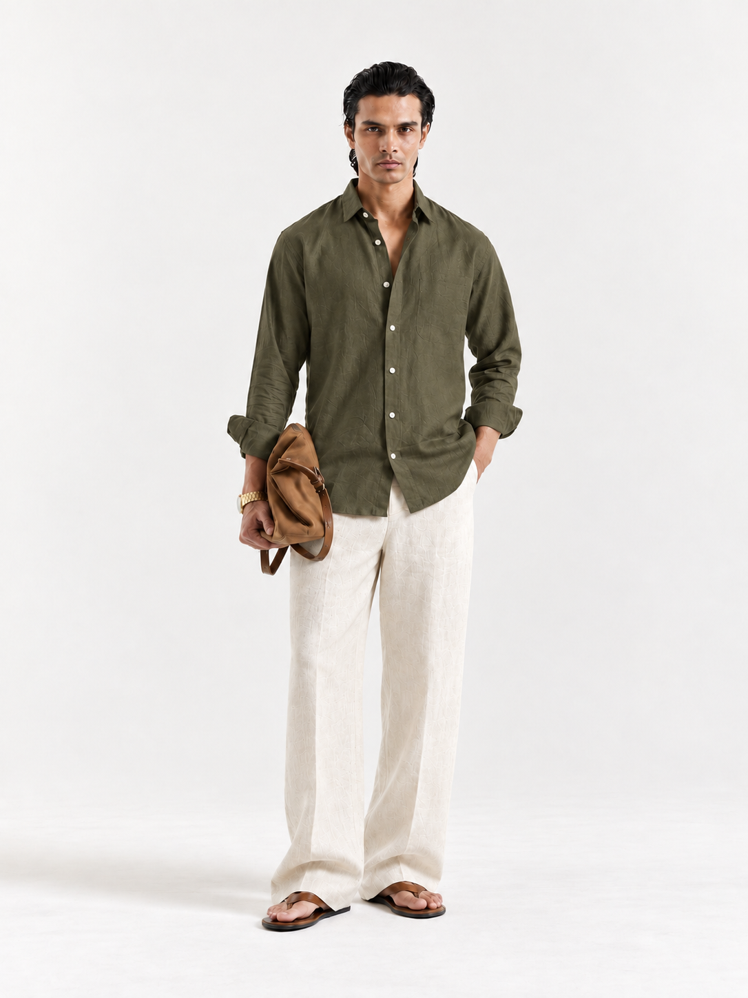 Olive Irish linen button-up shirt, long sleeves, front buttons