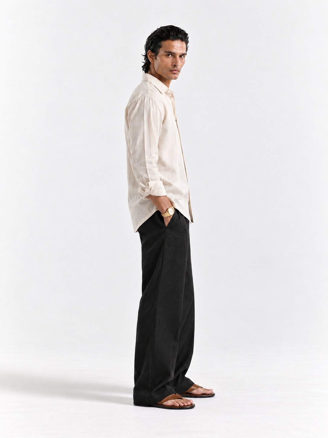 Off-White Irish linen shirt, long-sleeve button-up with pointed collar