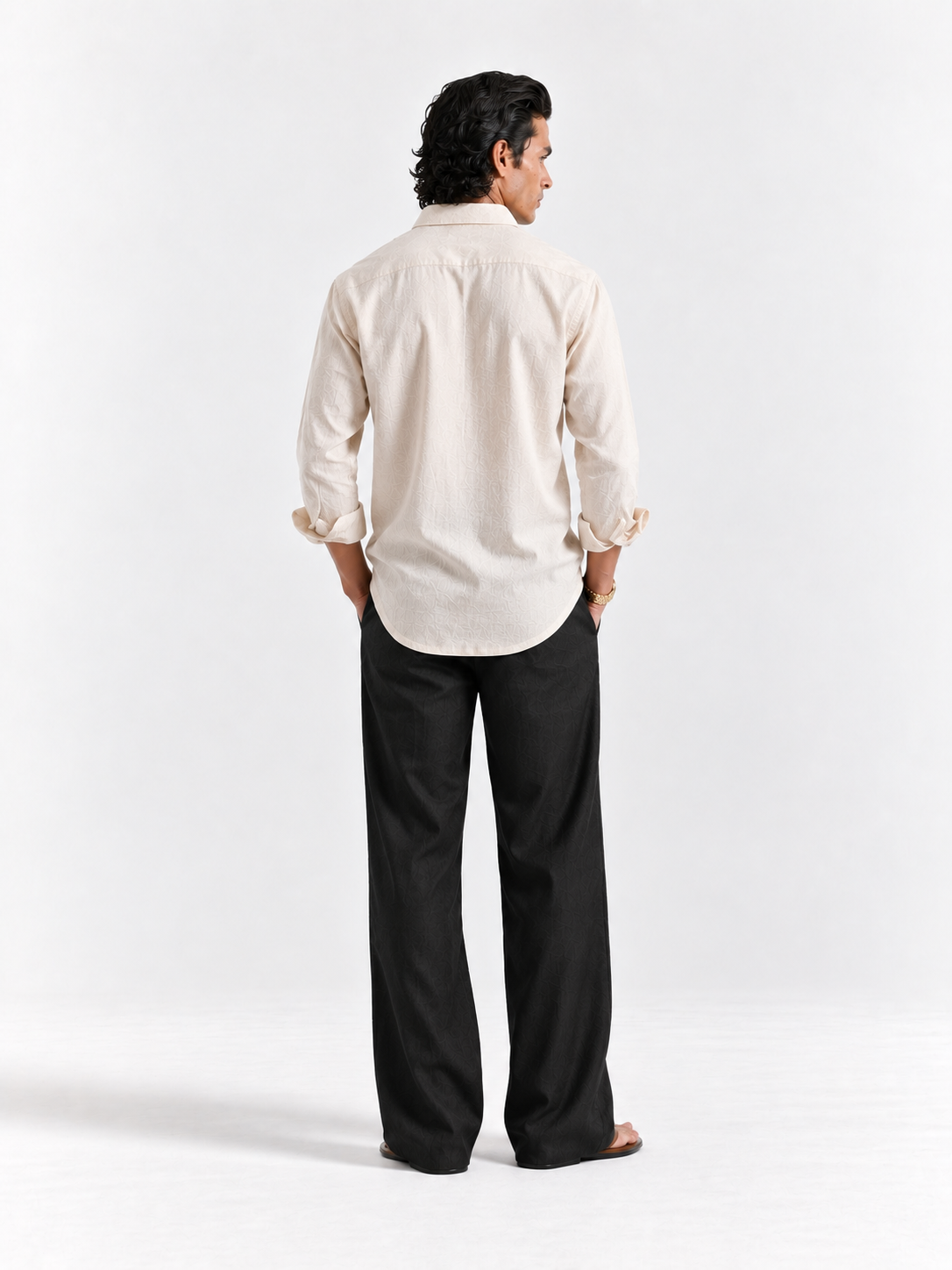 Off-White Irish linen shirt back view with button details and long sleeves