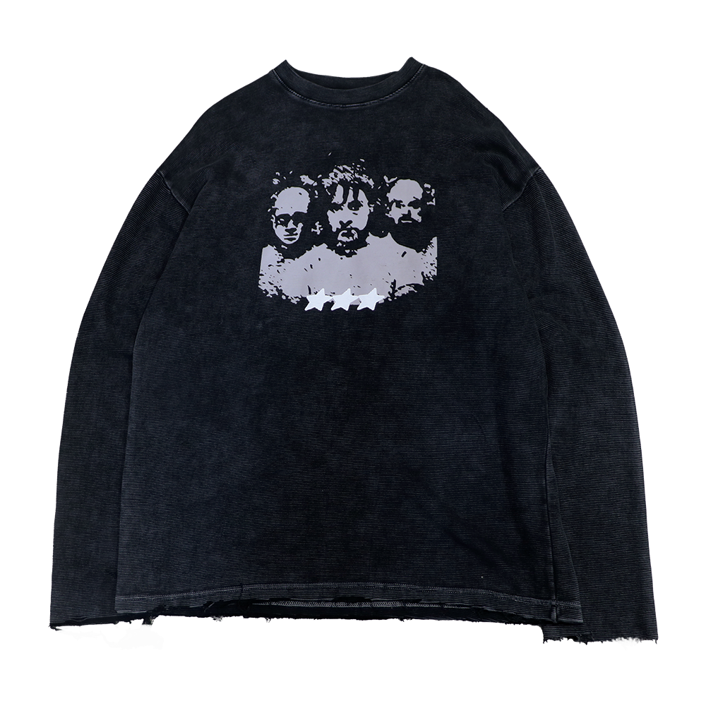 Charcoal ribbed long-sleeve crewneck sweatshirt with large front face graphic print