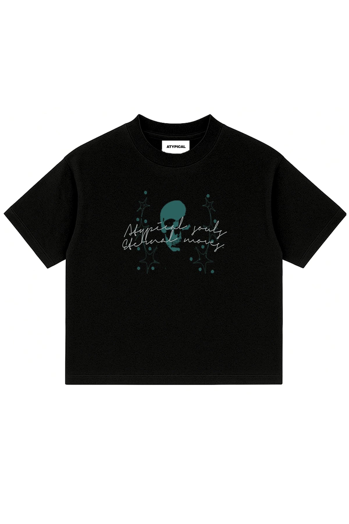 Black crewneck T-shirt, small teal graphic on front center