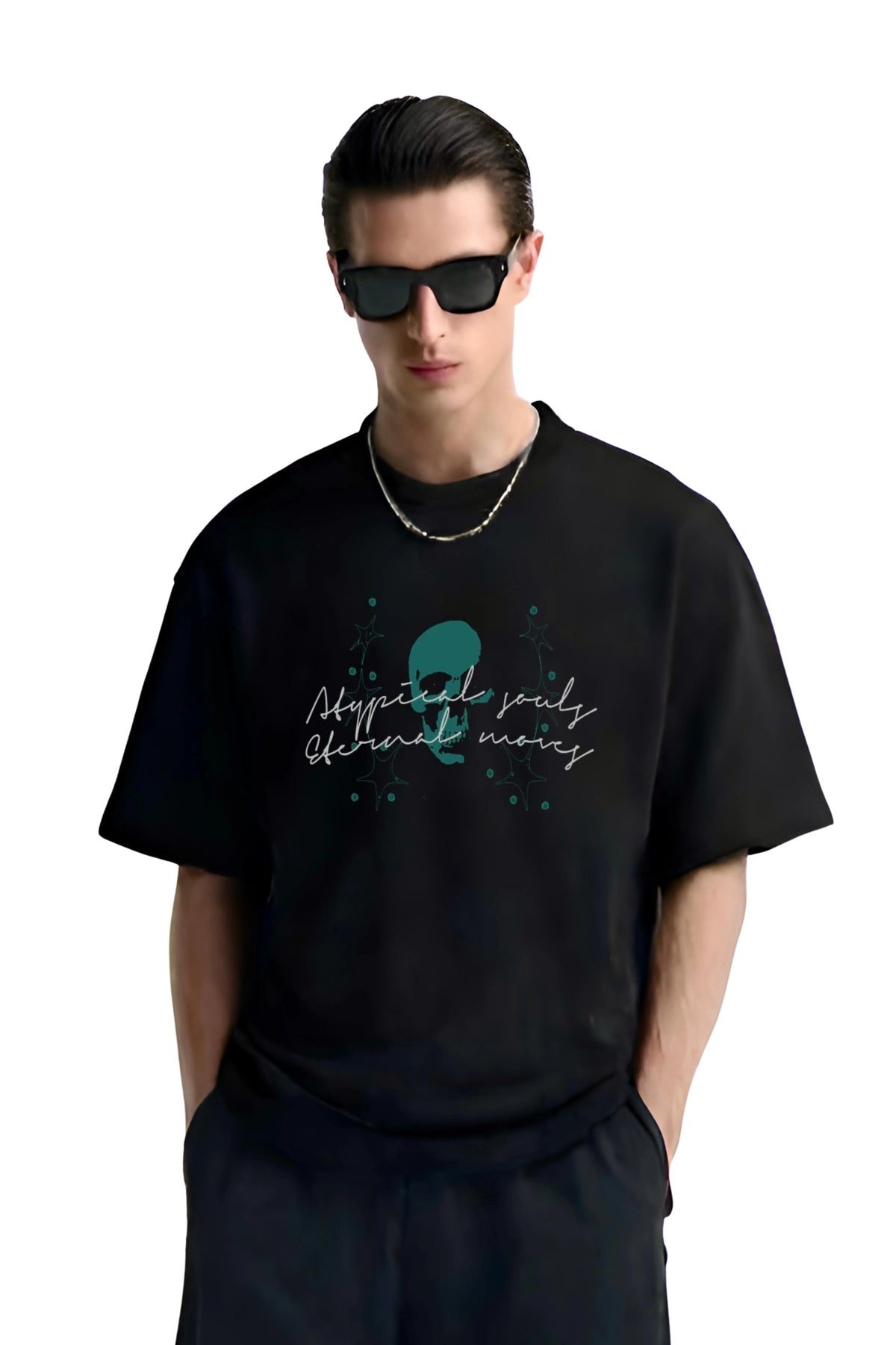 Black crewneck T-shirt with teal alien skeleton graphic on front