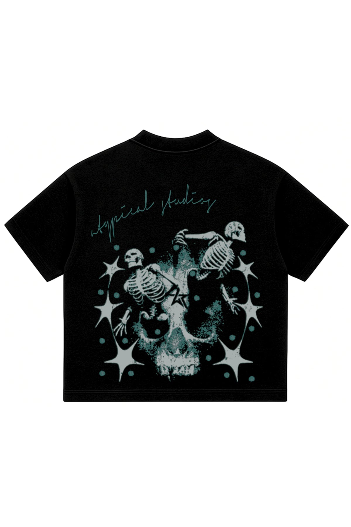Black crewneck T-shirt with large teal skeleton alien back graphic