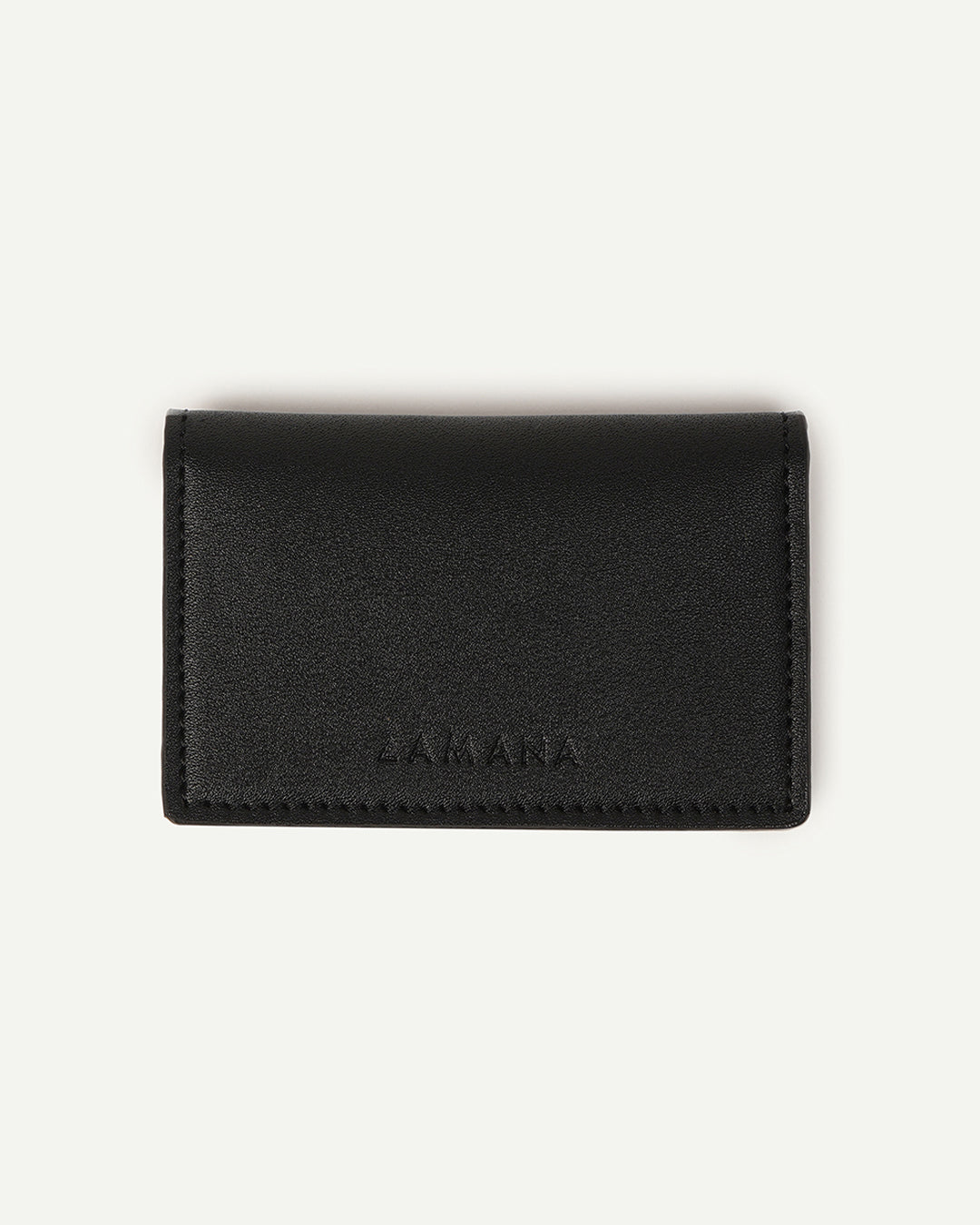 Black leather card holder with LAMAANA logo, front fold-over design