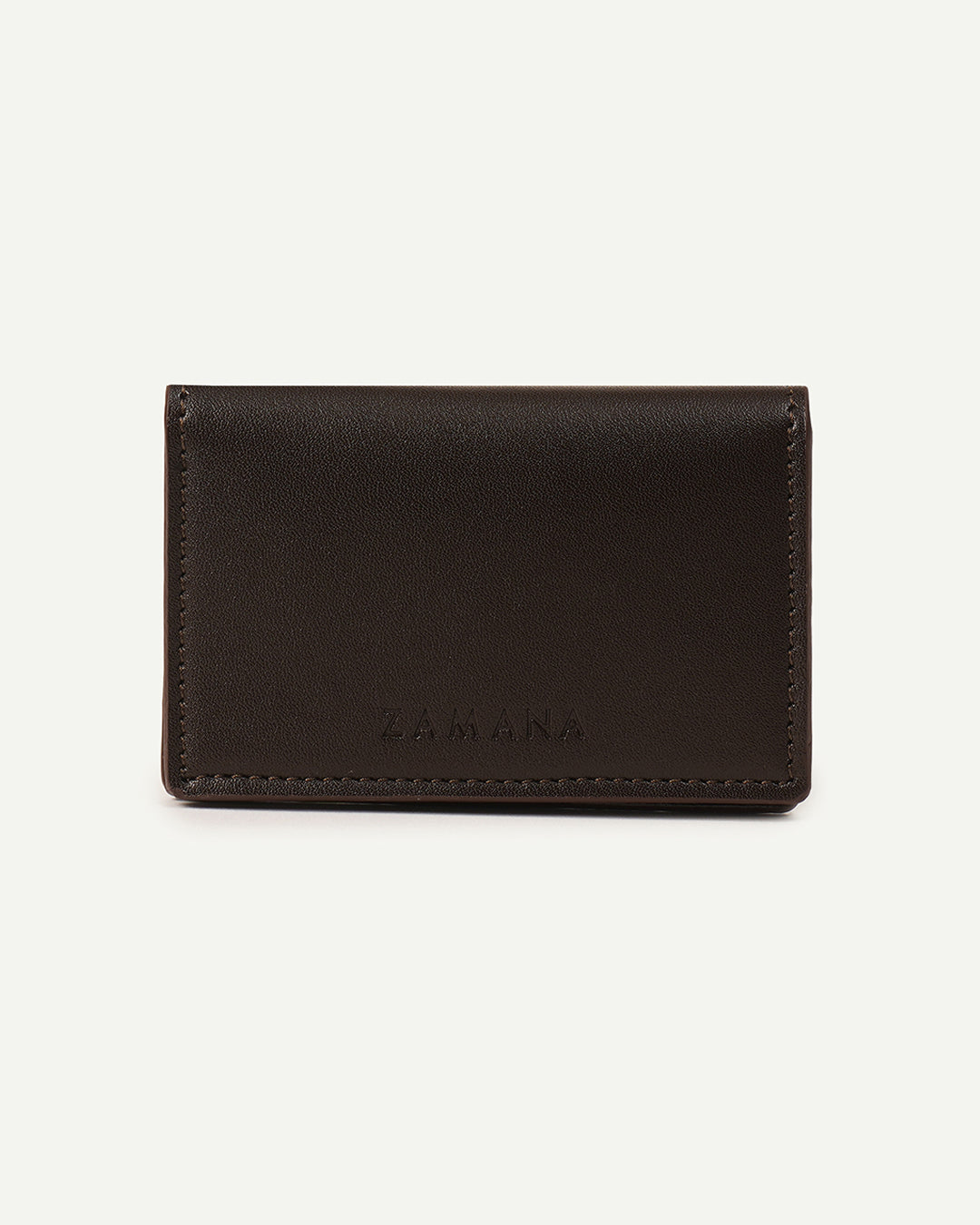 Dark brown card holder wallet with embossed logo on front