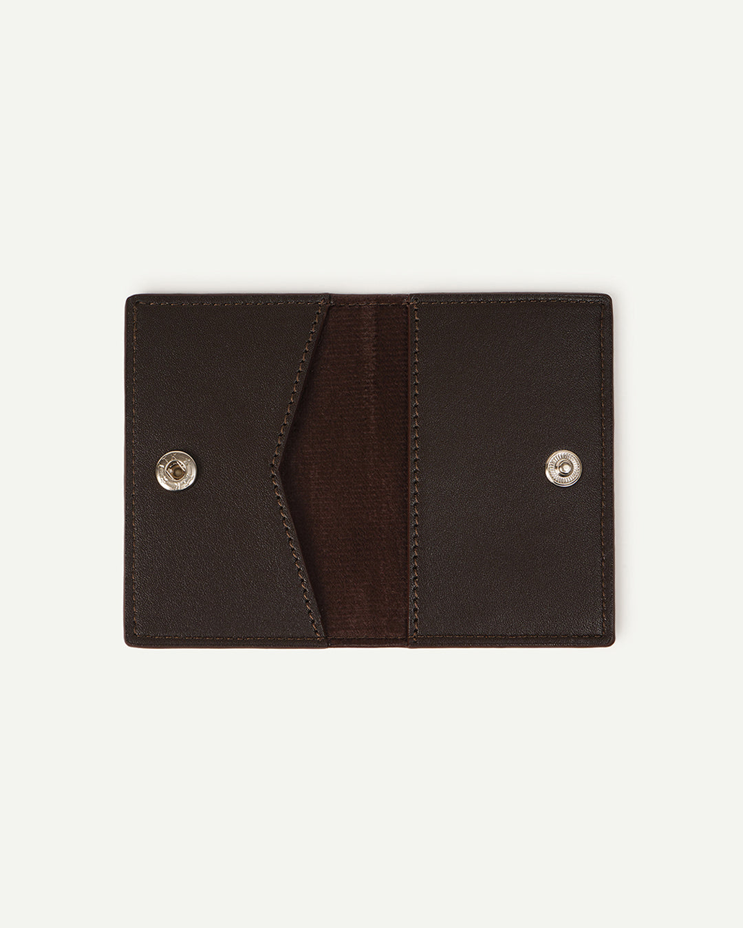 Dark brown card holder wallet with two panels and snap buttons