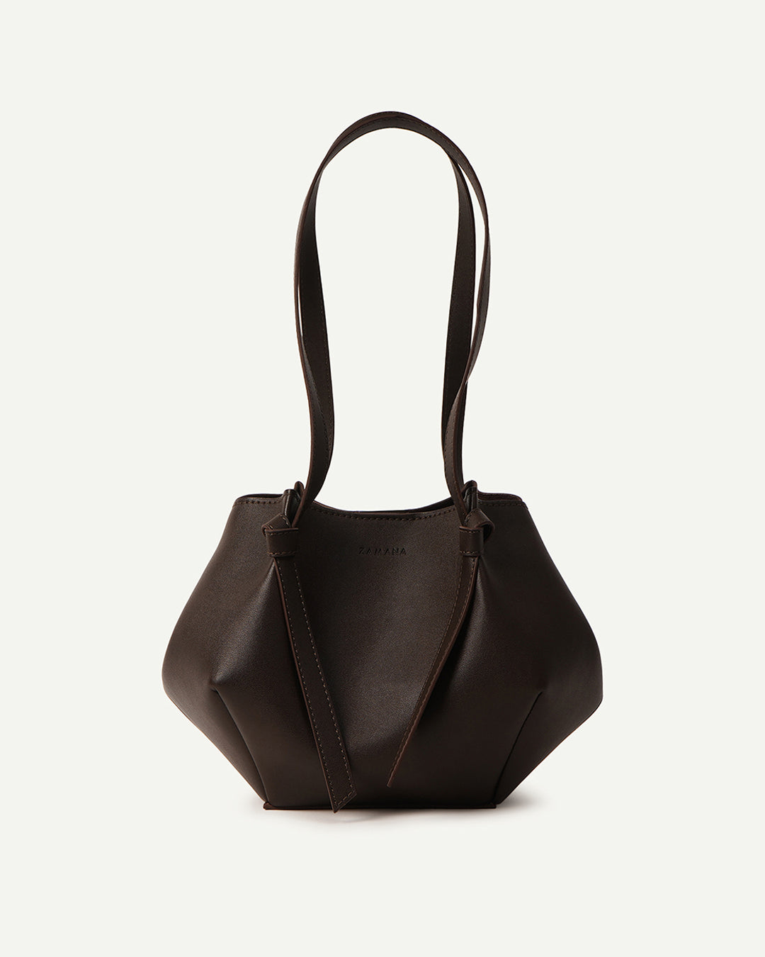 Dark brown structured tote handbag with top handles and side seams