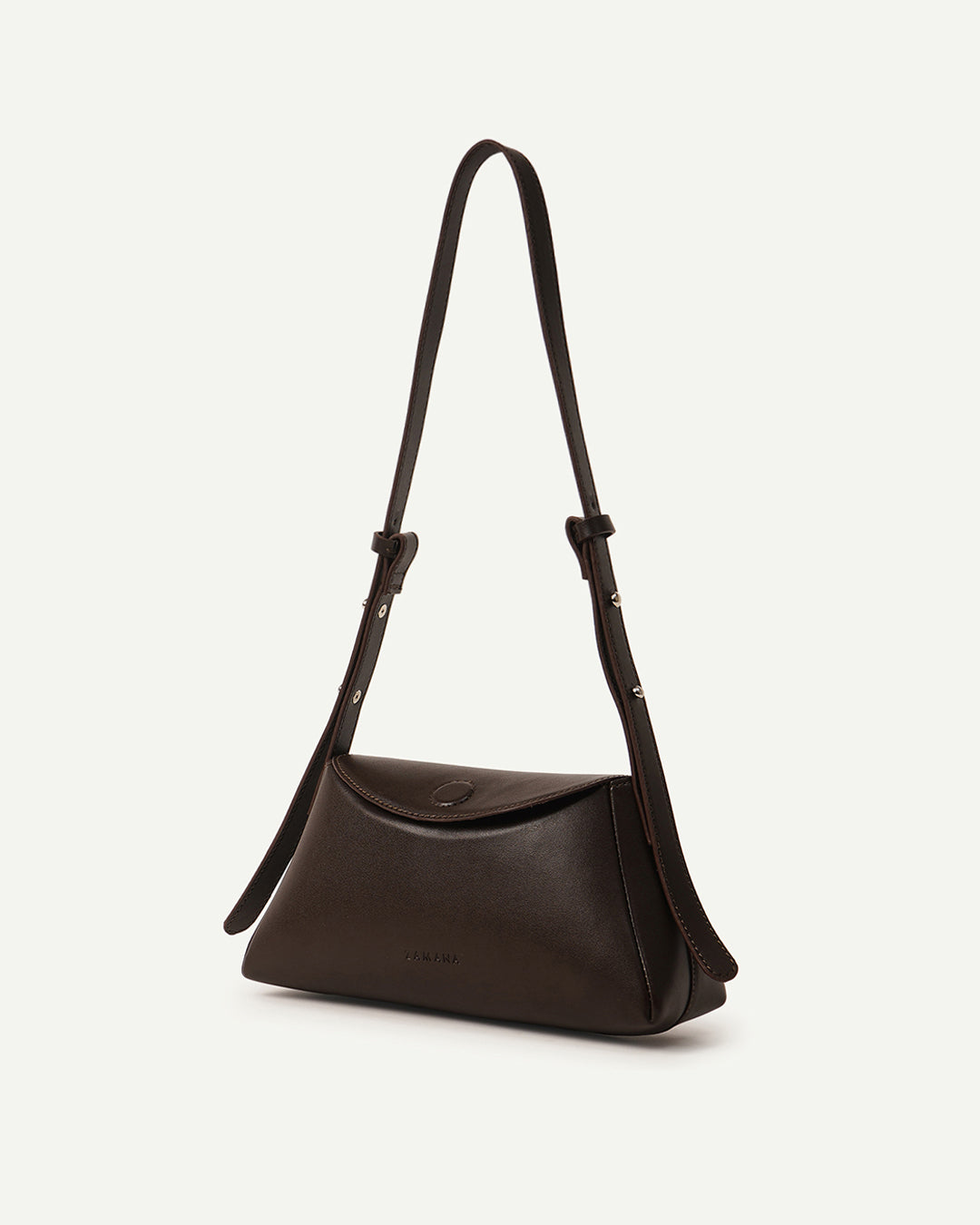 Dark brown leather hobo shoulder bag angled view with strap hardware details