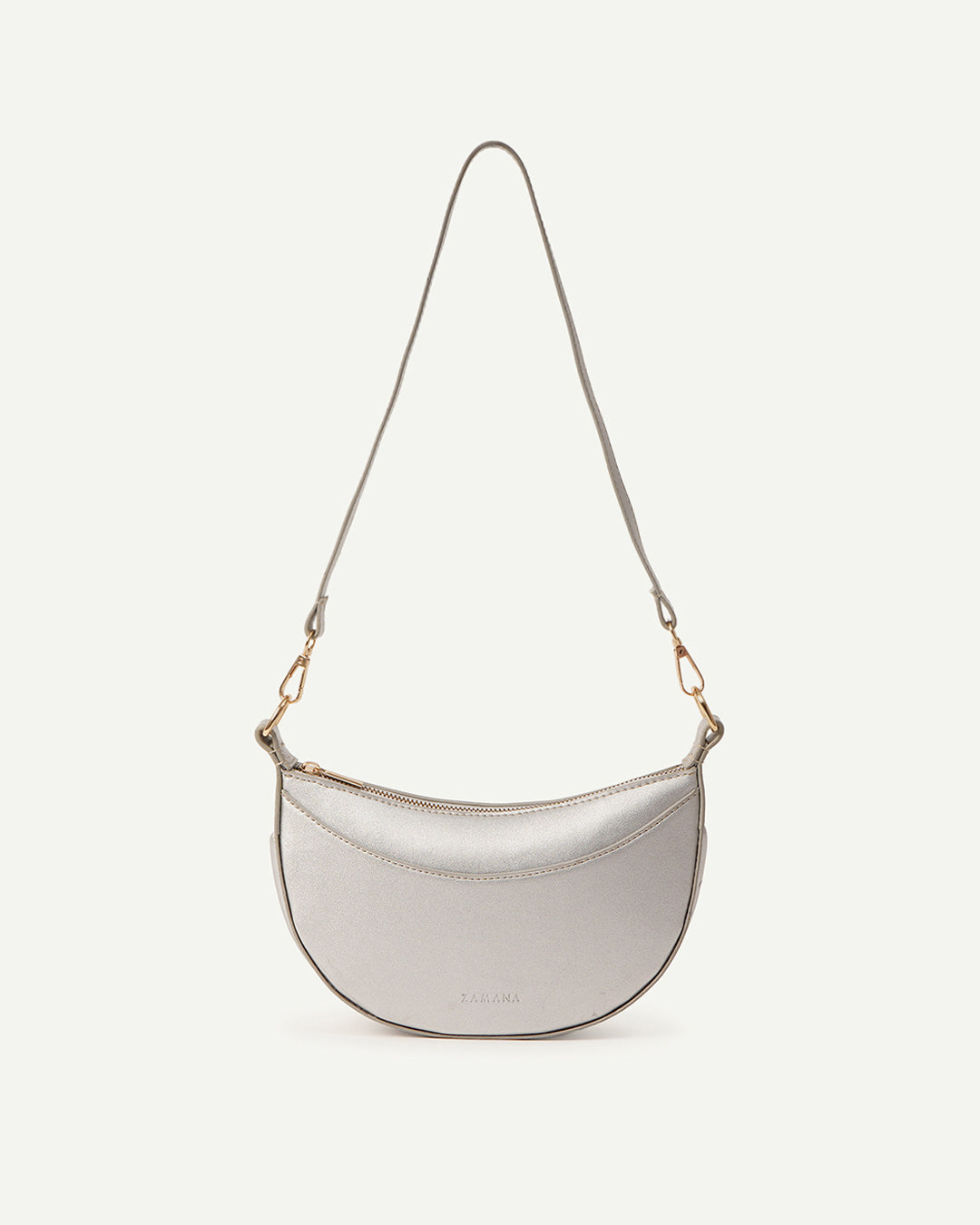 Silver crescent shoulder bag with zipper top and two chain strap attachments