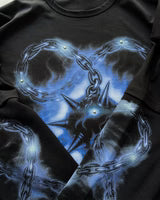 Black long-sleeve shirt with blue chain-and-spike emblem print, crew neck.