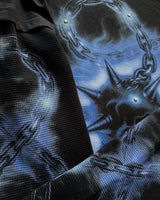 Black long-sleeve shirt with blue chain emblem graphic on sleeve.