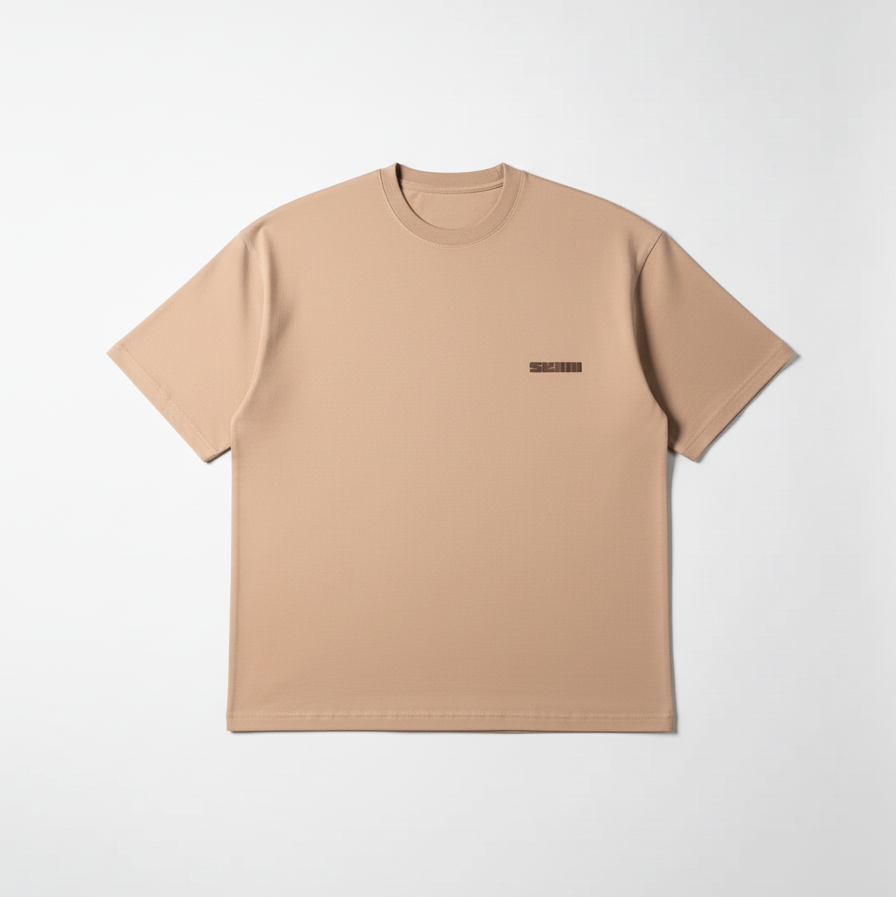 Beige SKAID crewneck T-shirt with small front logo, short sleeves.