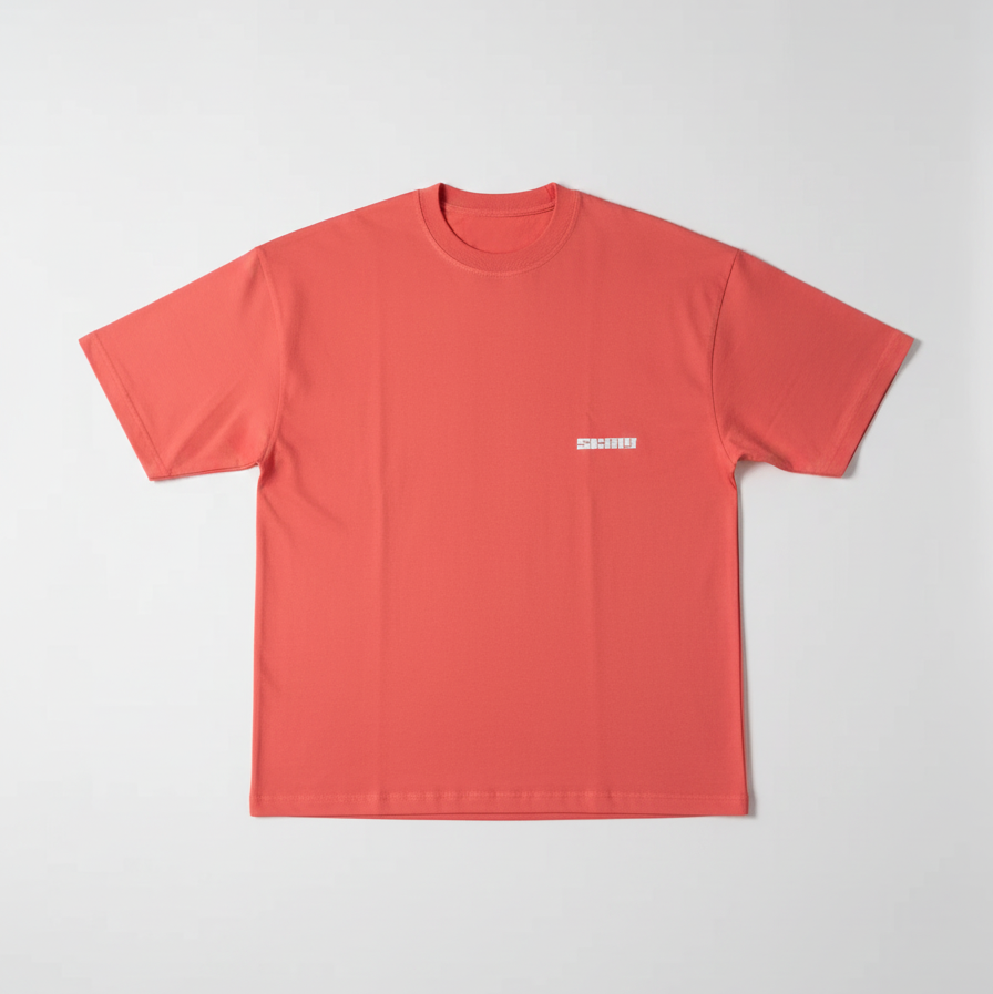 Watermelon coral solid crew-neck T-shirt with small chest logo, short sleeves